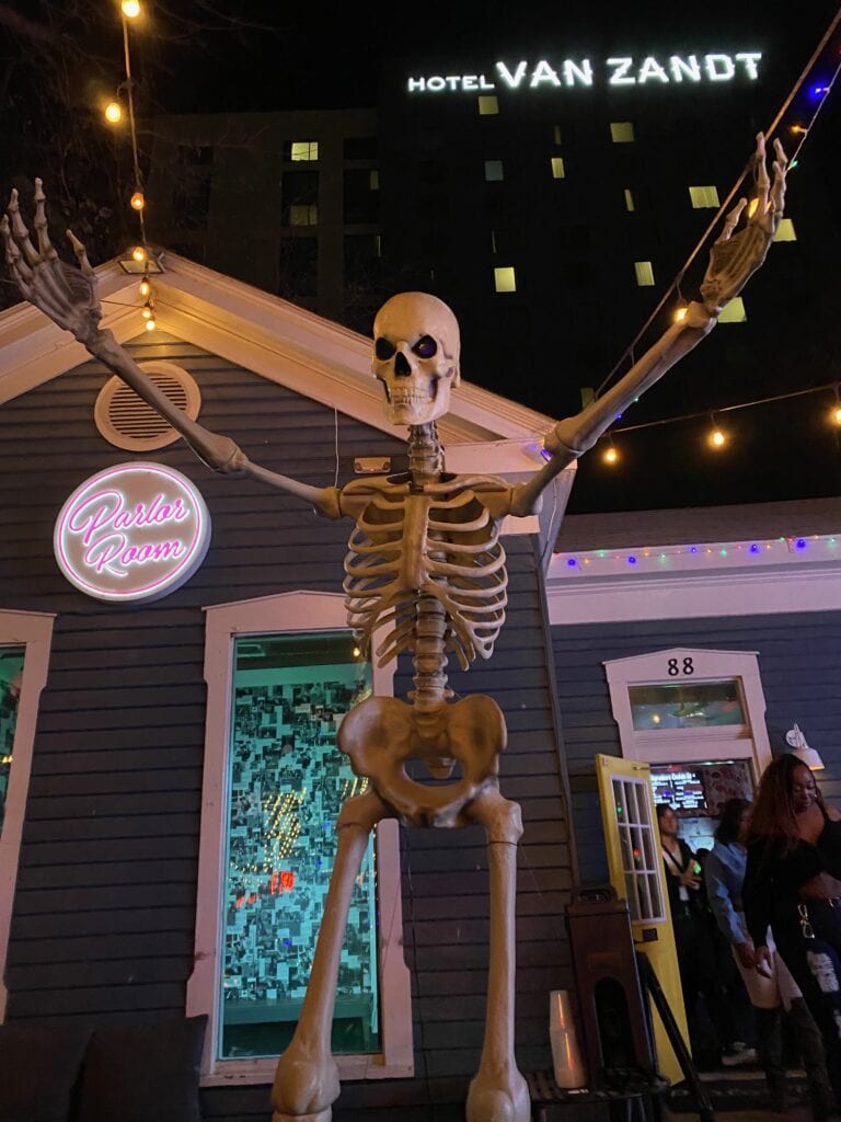 skeleton on Rainey Street in Austin