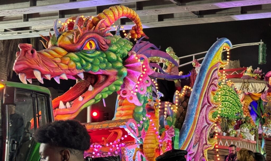 colorful dragon float at Mardi Gras