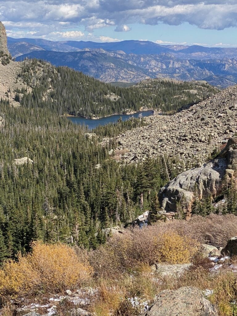 view of a lake from Sky Pond trail