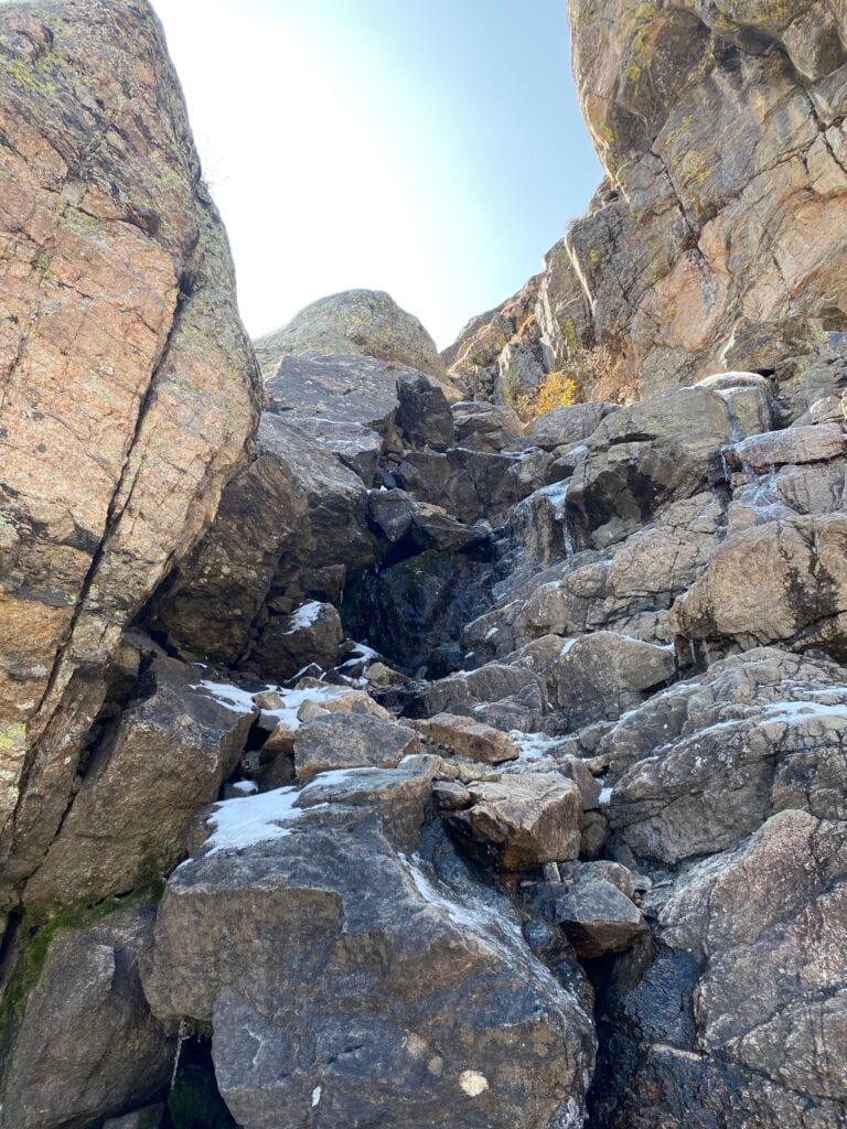 Rocky waterfall you have to climb at sky pond trail