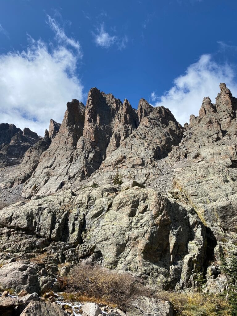 Spiky rocks at the end of Sky Pond Trail