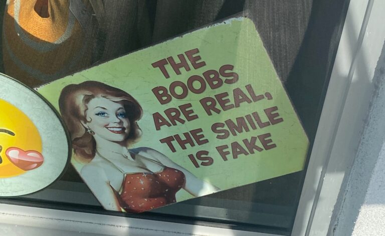 sign that reads "the boobs are real. the smile is fake."