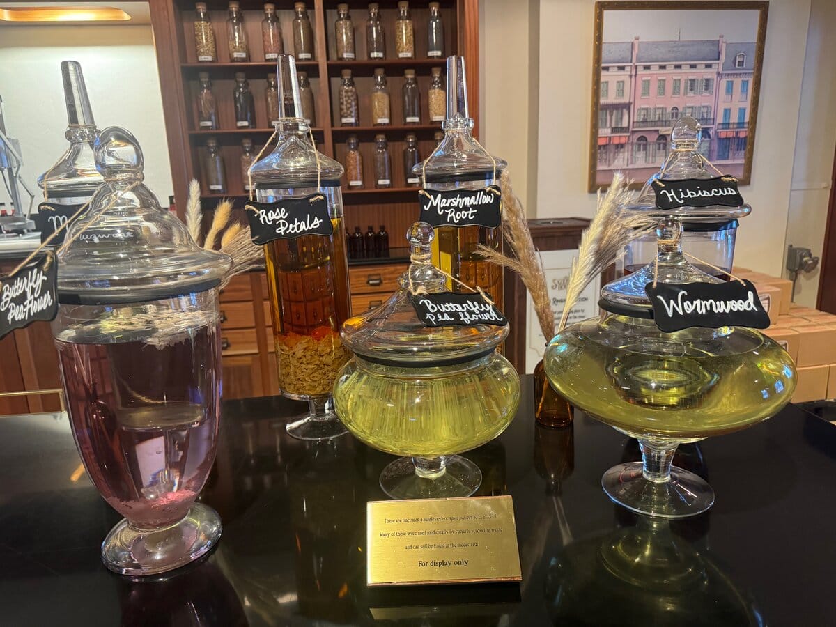 Five glass jars filled with colorful liquids and herbs—like “Rose Petals,” “Mushroom Root,” and “Wormwood”—are displayed on a counter, evoking unique things to do alone in New Orleans for those who love exploring local apothecaries.