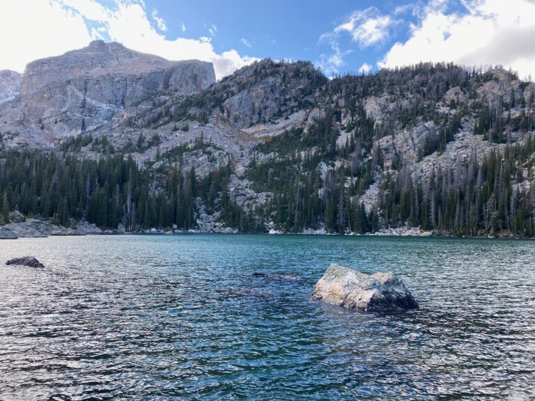 Pretty turquoise lake surrounded by mountains, Lake Haiyaha hike at Rocky Mountain National Park