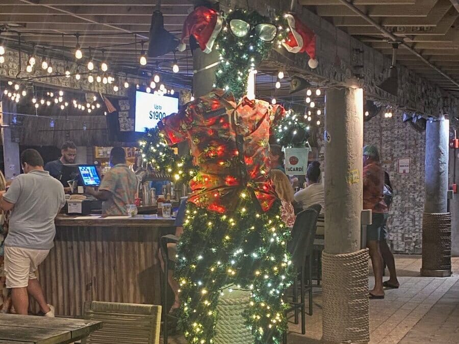 A Christmas tree shaped like a dinosaur stands in a bar, decorated with lights, a red Hawaiian shirt, glasses, and a Santa hat. People are seated and standing near the bar in the background under string lights.