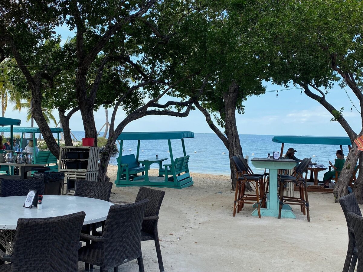 Outdoor beachside seating area with tables, chairs, and teal-colored swing benches under leafy trees, overlooking a calm blue ocean and a clear sky.
