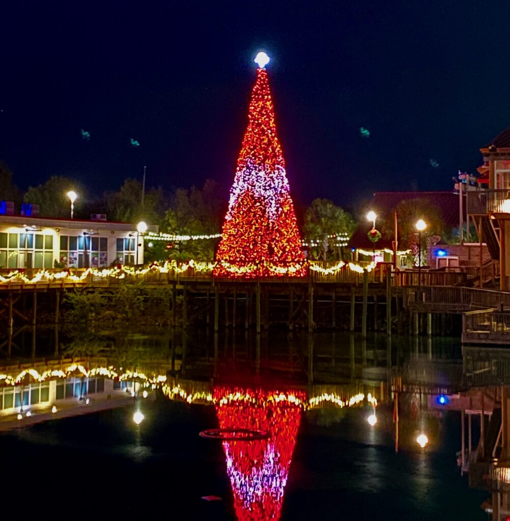 A large, brightly lit Christmas tree stands on a waterfront at night—one of the best things to do alone in Myrtle Beach—with its red and white lights reflecting vividly in the calm water below, surrounded by decorated buildings and festive lights.