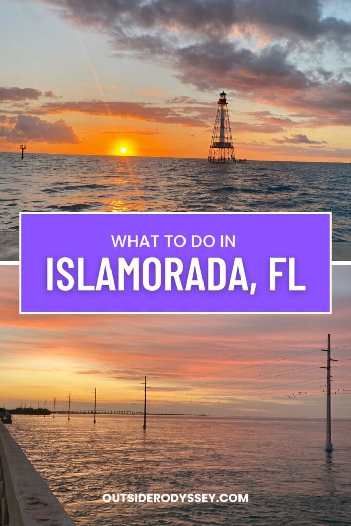 A split image of sunsets over the ocean in Islamorada, Florida, with clouds and calm water; a lighthouse stands above and utility poles line the horizon below. Text reads: Things to do in Islamorada, FL.