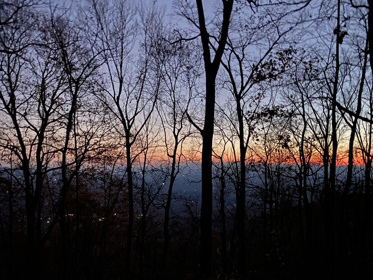 Bare tree branches are silhouetted against a colorful sunset sky, with shades of orange, pink, and purple fading into twilight above a distant, shadowy landscape.