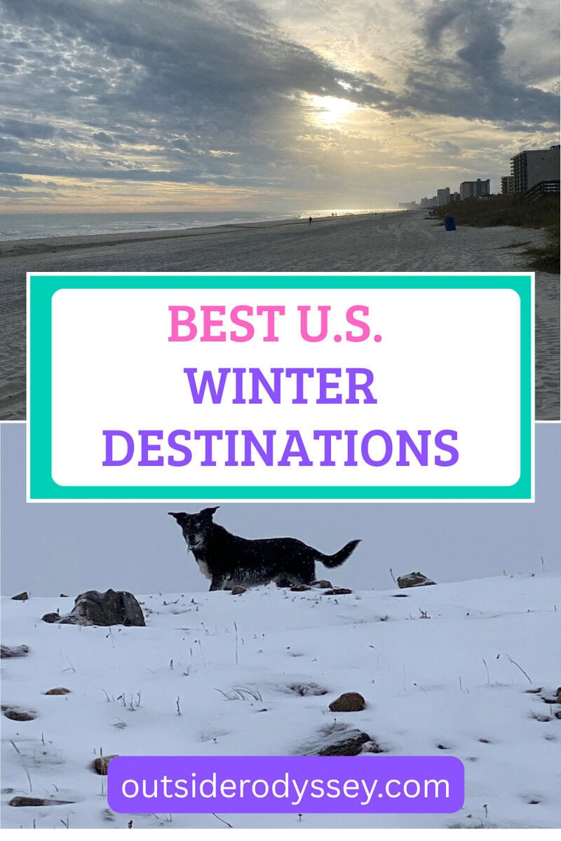 A split image shows a cloudy beach with distant buildings above, and a black dog on snowy ground below, featuring the text: Best Winter Destinations in the US and outsiderodyssey.com.