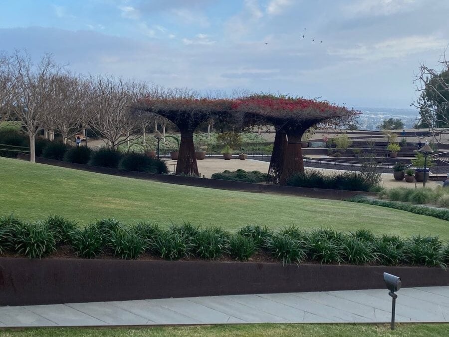 A landscaped garden with manicured lawns, shrubs, and two large metal arbor structures covered in flowering vines under a partly cloudy sky. A paved walkway and small outdoor light are in the foreground.