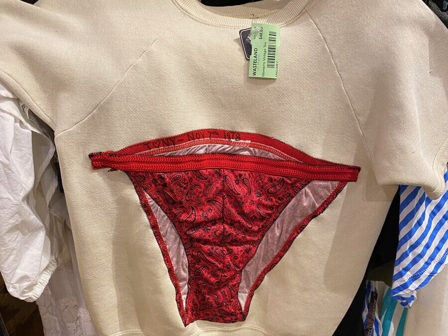 A cream-colored sweatshirt hanging on a rack, featuring a large red lace thong sewn onto the front as a decorative design. Other clothes and hangers are visible in the background.