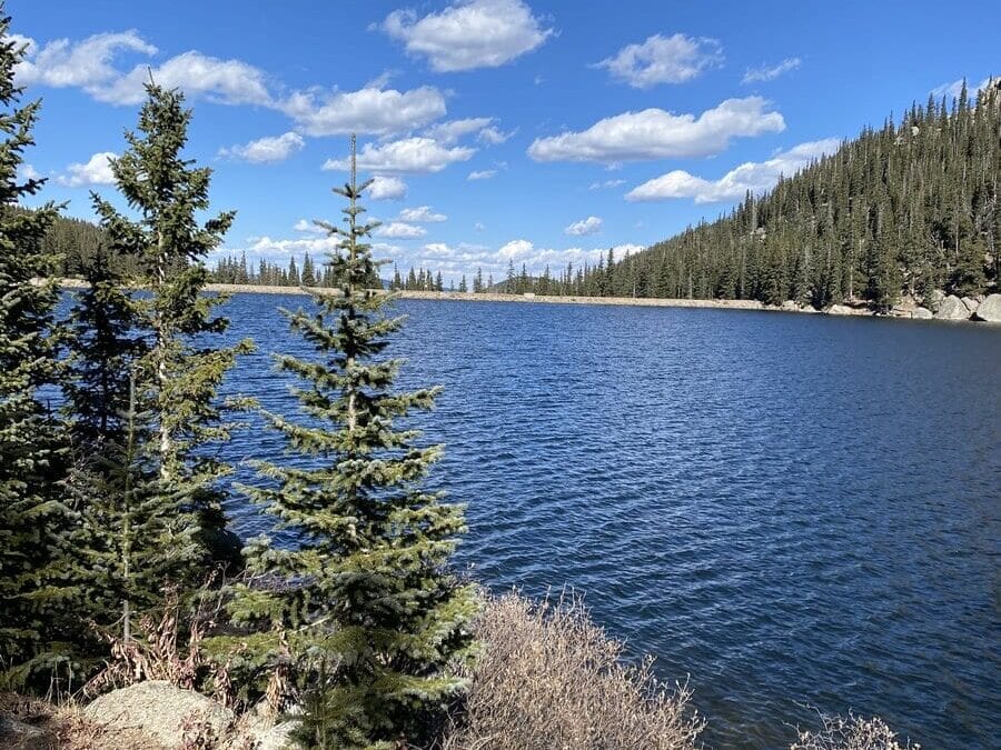 A clear blue lake surrounded by pine trees and rocky shores under a bright sky with scattered white clouds. Forested hills rise in the background, offering a peaceful, natural scene perfect for exploring things to do in Idaho Springs, CO.