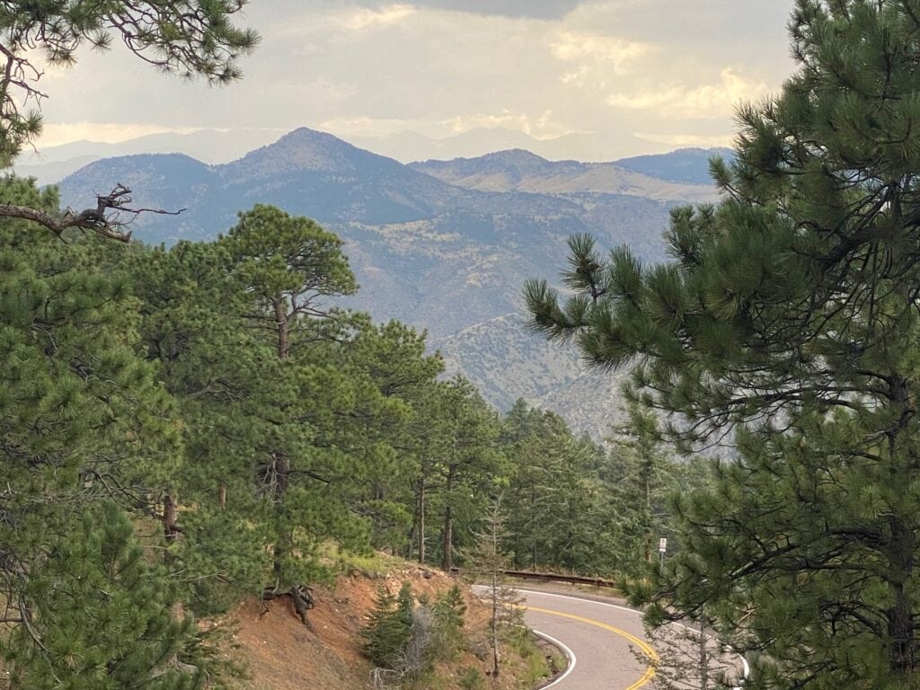 A winding mountain road curves through a forest of pine trees with distant mountain peaks visible under a cloudy sky. The landscape is lush and green, creating a peaceful and scenic view.