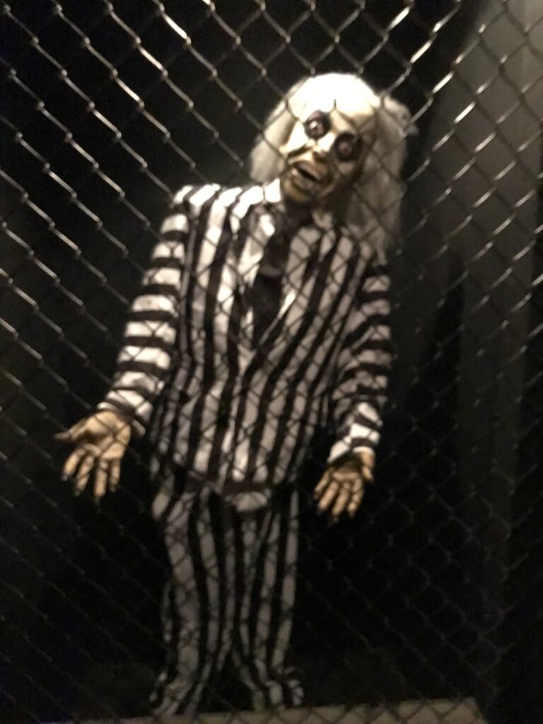 A life-sized figure in a black-and-white striped suit with wild white hair and dark eye makeup stands behind a chain-link fence in dim lighting, resembling a character from a horror or Halloween display.