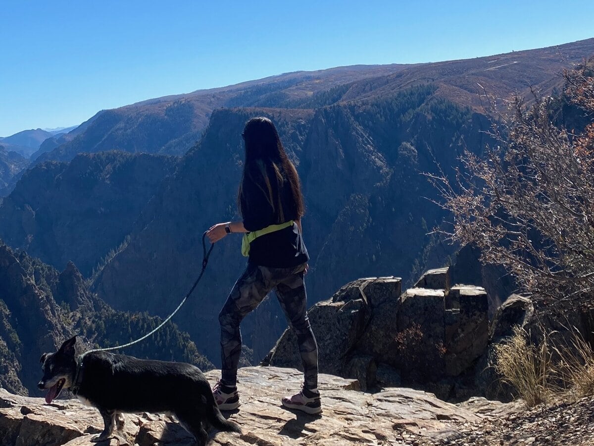 A woman in athletic wear stands on a rocky ledge holding a leash, with a black dog beside her. They overlook a vast canyon under a clear blue sky, surrounded by distant mountains.
