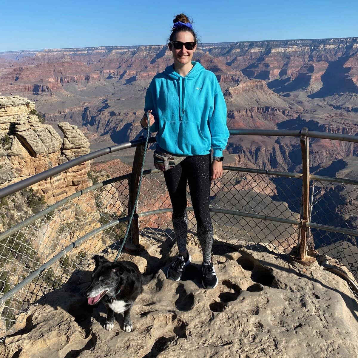 A woman in a blue hoodie and sunglasses stands on a rocky overlook holding a black and white dog on a leash, with the vast Grand Canyon landscape in the background under a clear blue sky.