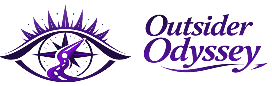 A stylized purple eye with a starburst and a winding path inside is next to the words Outsider Odyssey in elegant purple script.