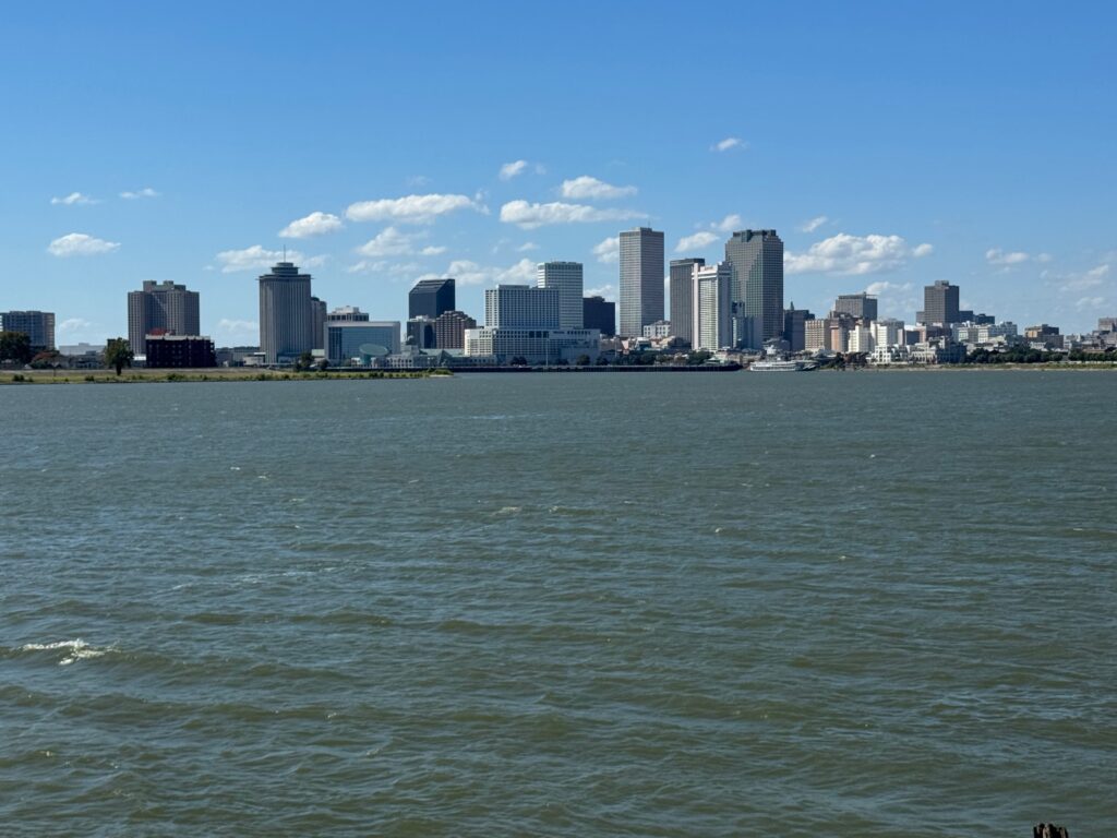 The image shows a city skyline with tall buildings under a blue sky with scattered clouds, viewed from across a wide river. The water is calm and there is a grassy area along the waterfront.